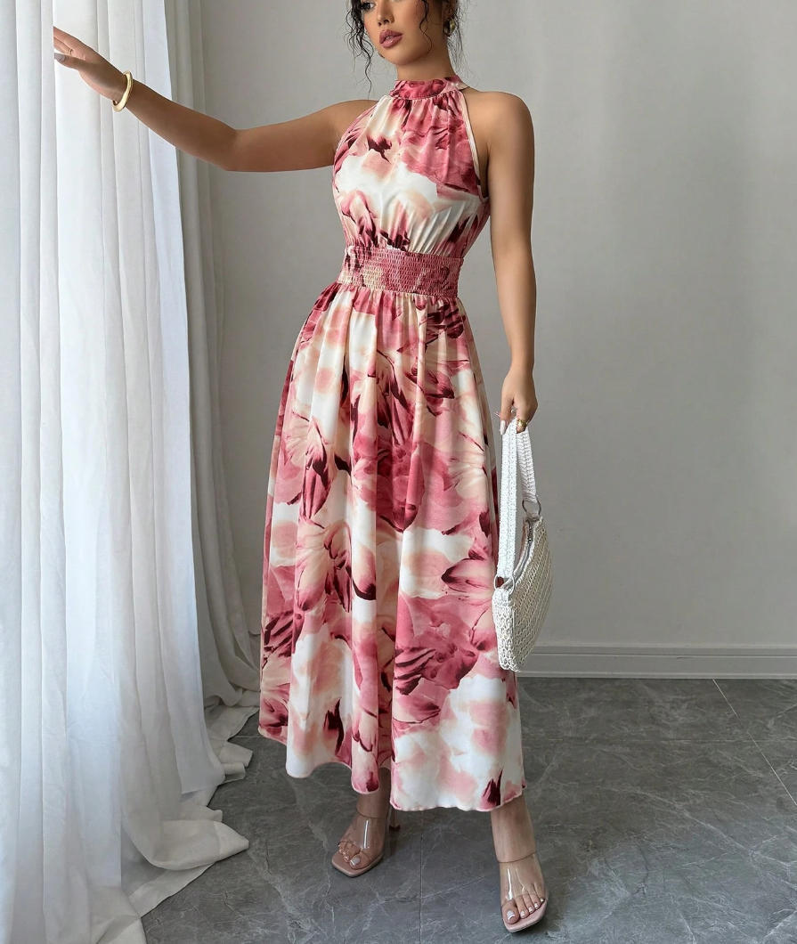 Women's Elegant Summer Dyeing Halter-Neck Sleeveless Tight Waist A-Line Dress