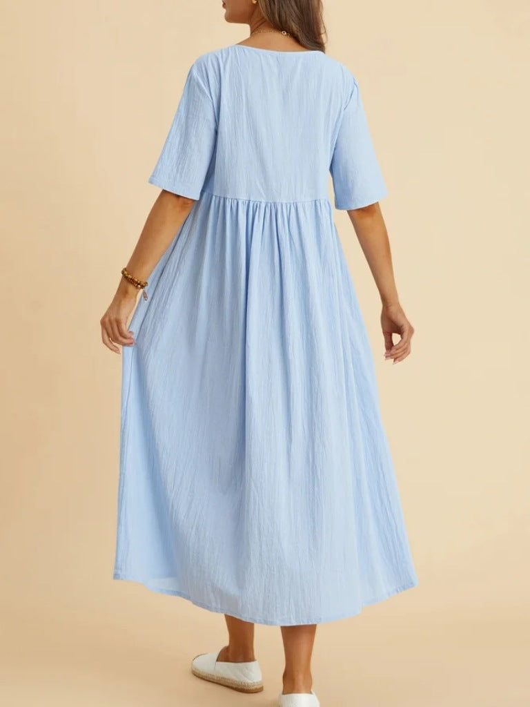 Women's Casual Solid Color Cotton Linen Round Neck Half Sleeve Loose Dress