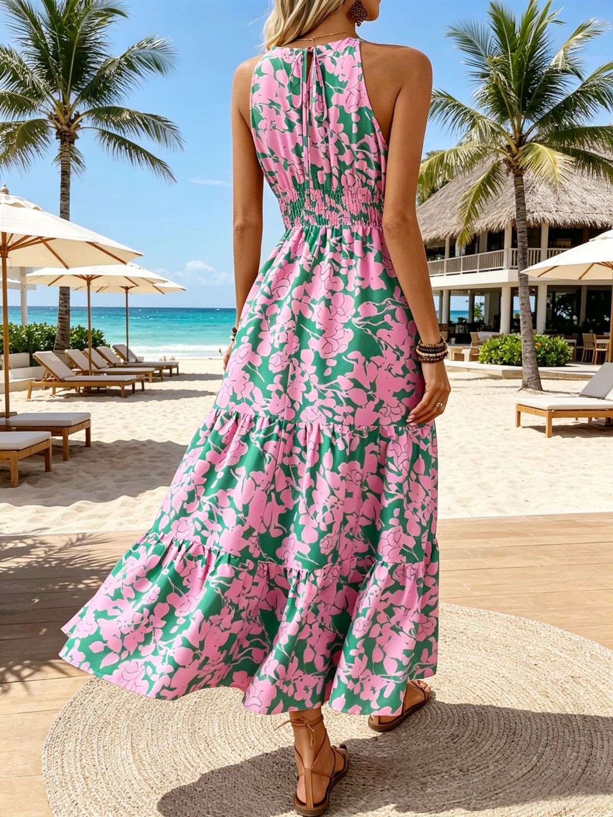 Women's Vacation Printed Halter-Neck Strap Tight Waist Dress