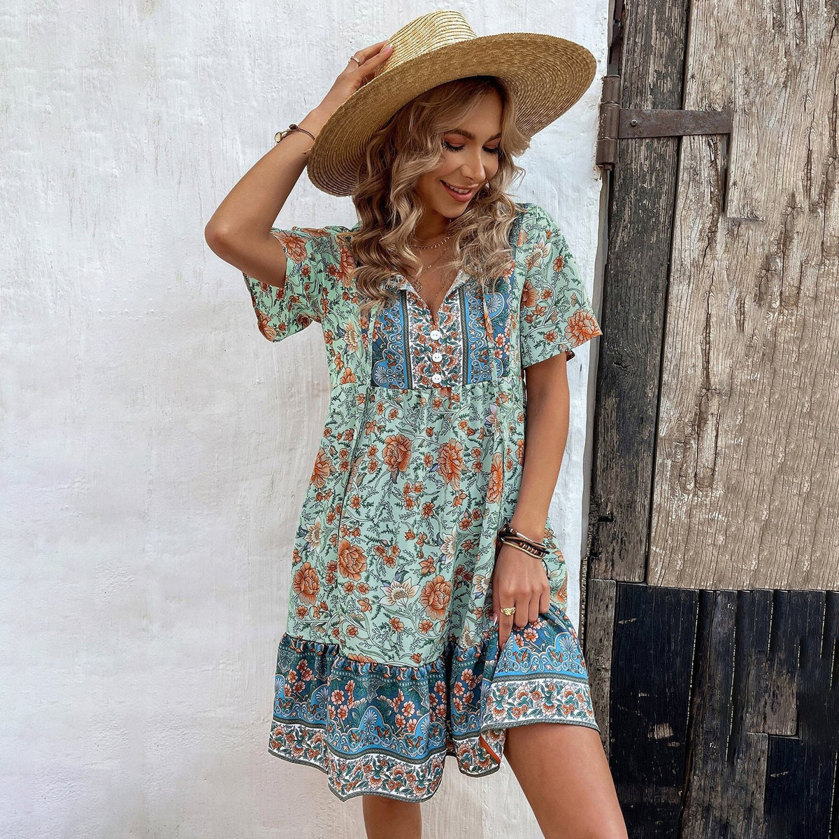 Women's Casual Vacation Flower Printed V-Neck Short Sleeve Loose Dress