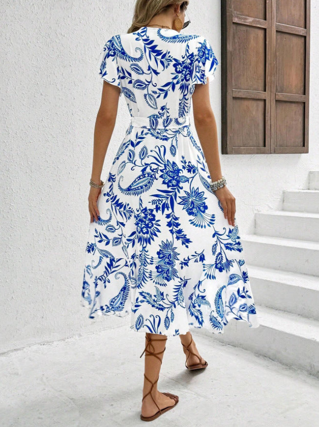 Women's Casual Summer Vacation Printed Ruffled Short Sleeve Lace-Up Loose Dress