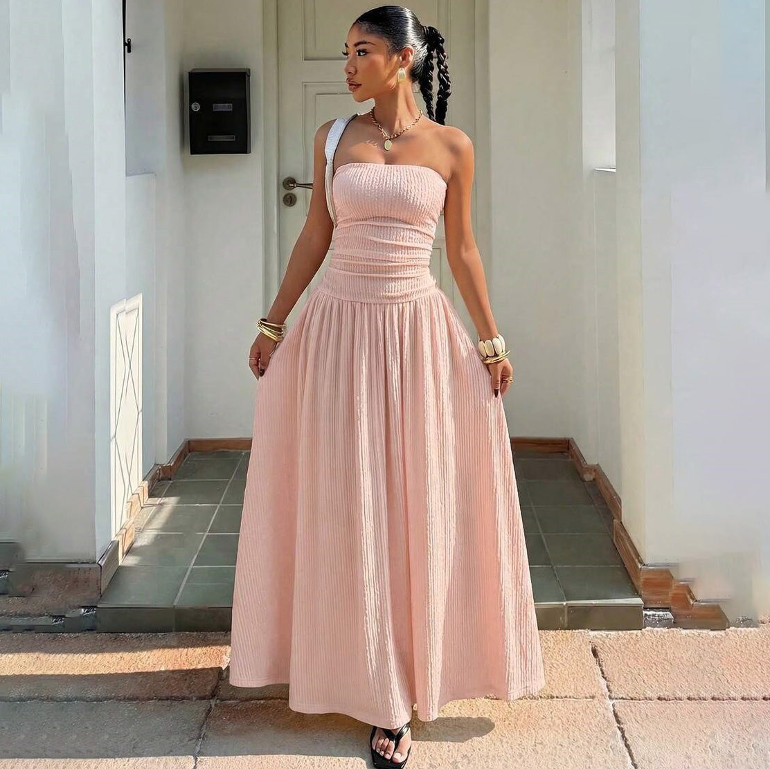 Women's Summer Elegant Solid Color Tube Top Sleeveless A-Line Dress