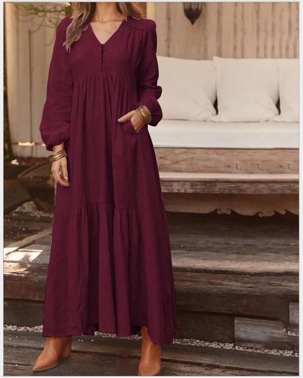 Women's Autumn Winter Cotton Linen Retro Casual Long Sleeve Loose Maxi Dress