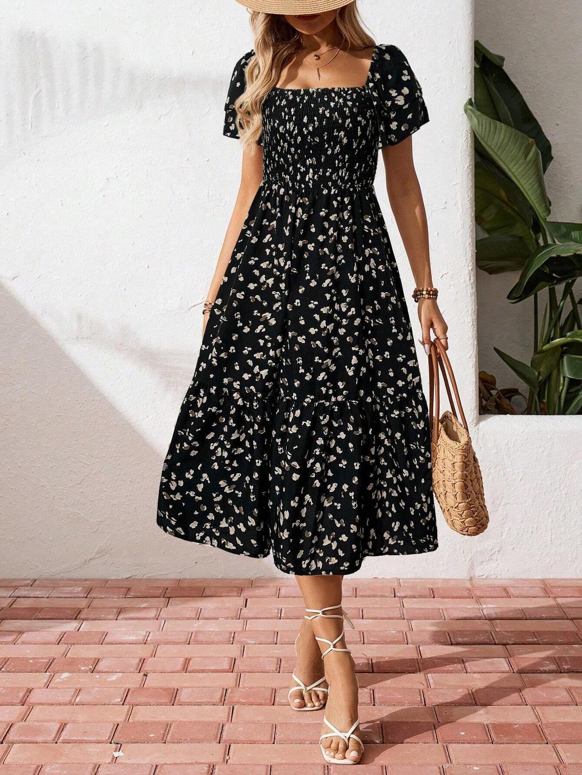 Women's Casual Spring Summer Flower Printed Ruffle Sleeve A-Line Dress