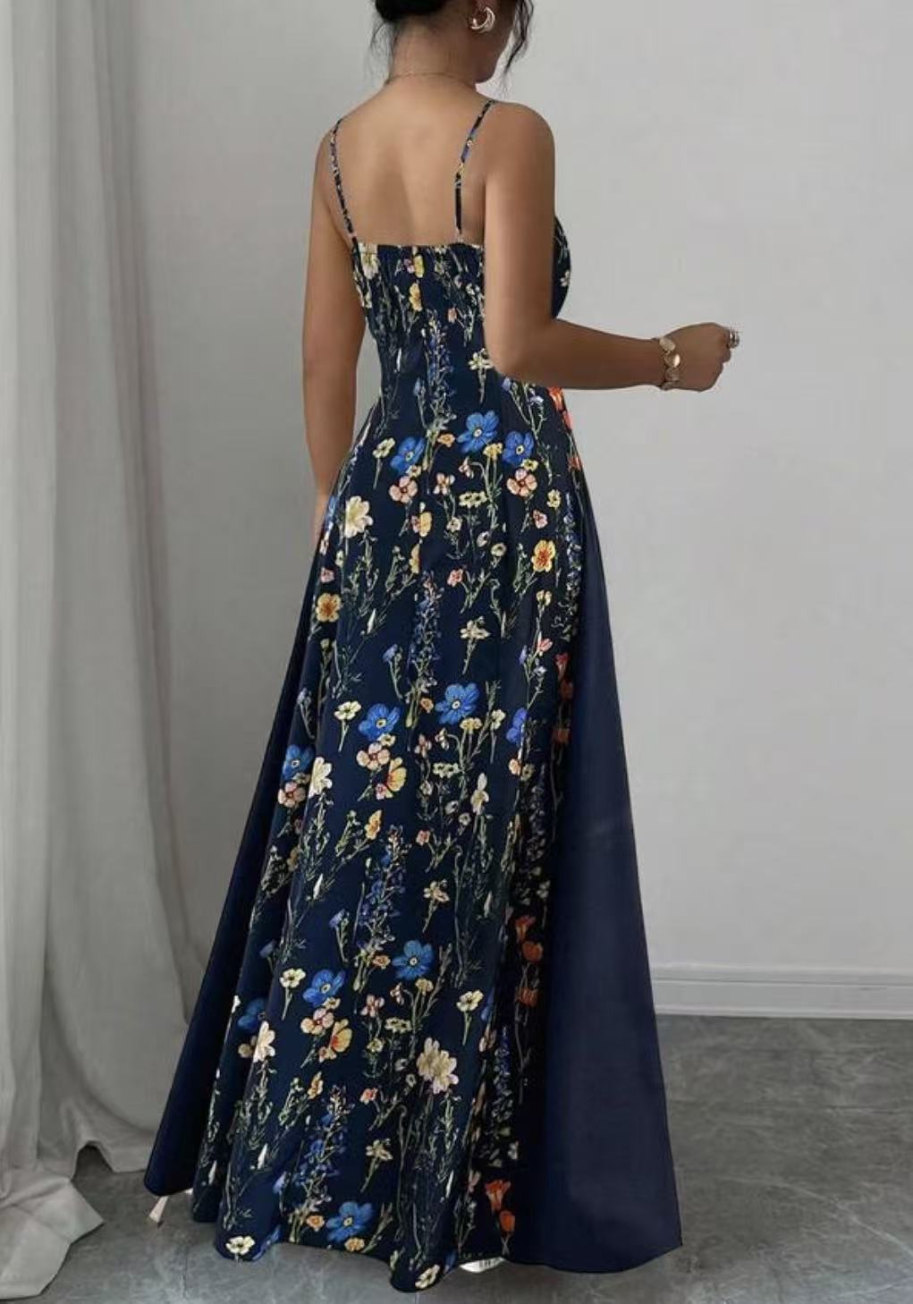Women's Elegant Summer Flower Printed Spaghetti Strap Tight Waist A-Line Dress