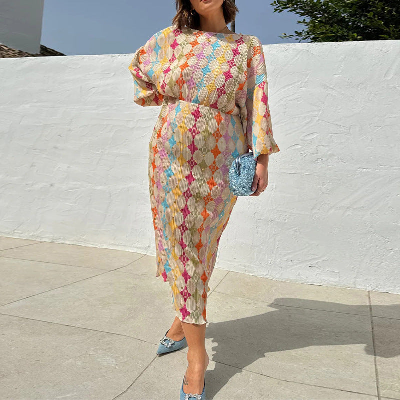 Women's Casual Summer Print V-Neck Lantern Half-Sleeve Loose Dress