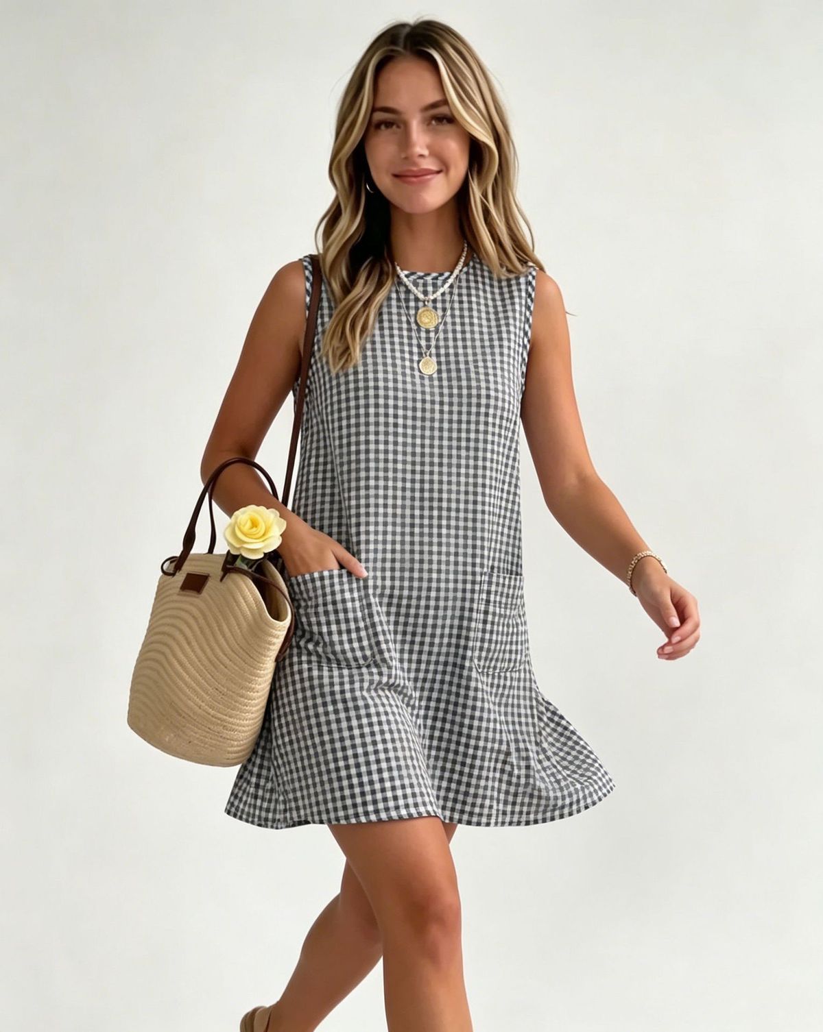 Women's Casual Summer Plaid Sleeveless Round Neck Pocket Back Zip Dress
