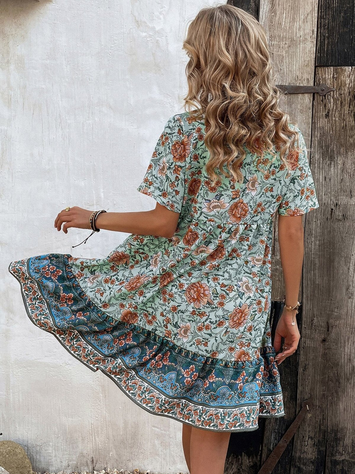 Women's Casual Vacation Flower Printed V-Neck Short Sleeve Loose Dress