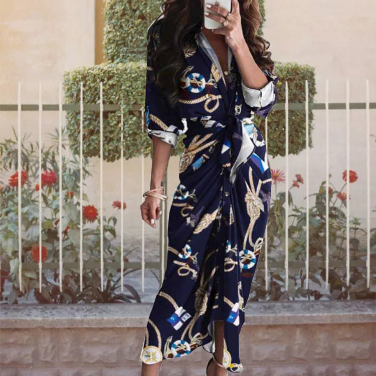 Women's Casual Elegant Spring Printed V-Neck Long Sleeve High Waist Dress