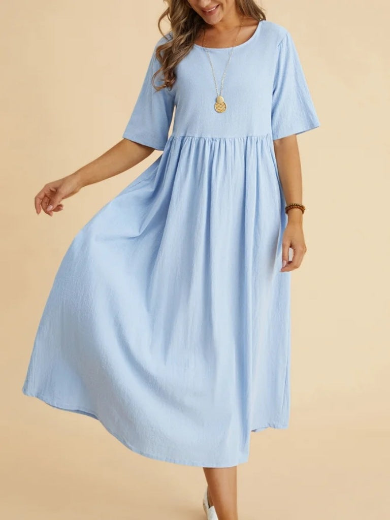 Women's Casual Solid Color Cotton Linen Round Neck Half Sleeve Loose Dress
