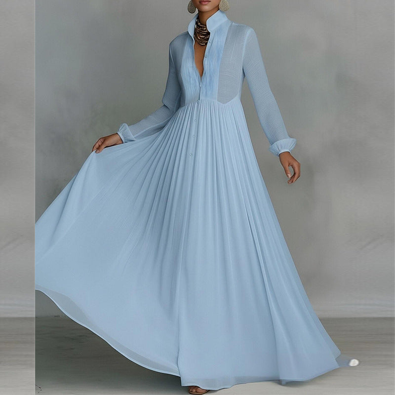 Women's Casual Summer Solid Color Collar Waist Long Sleeve Loose Dress
