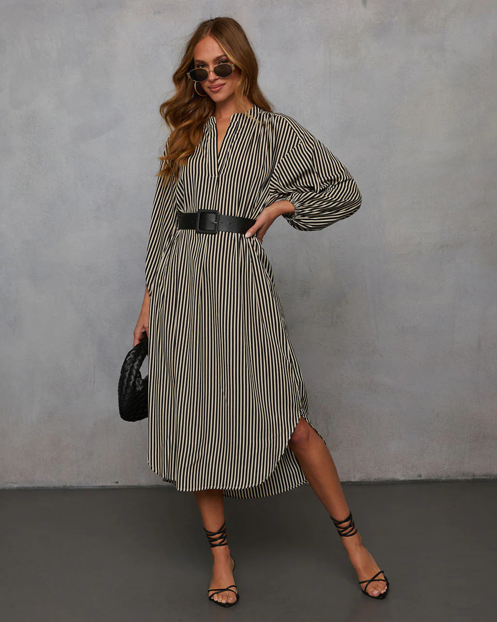 Women's Casual Summer Vacation Stripe V-Neck Long Sleeve Loose Dress