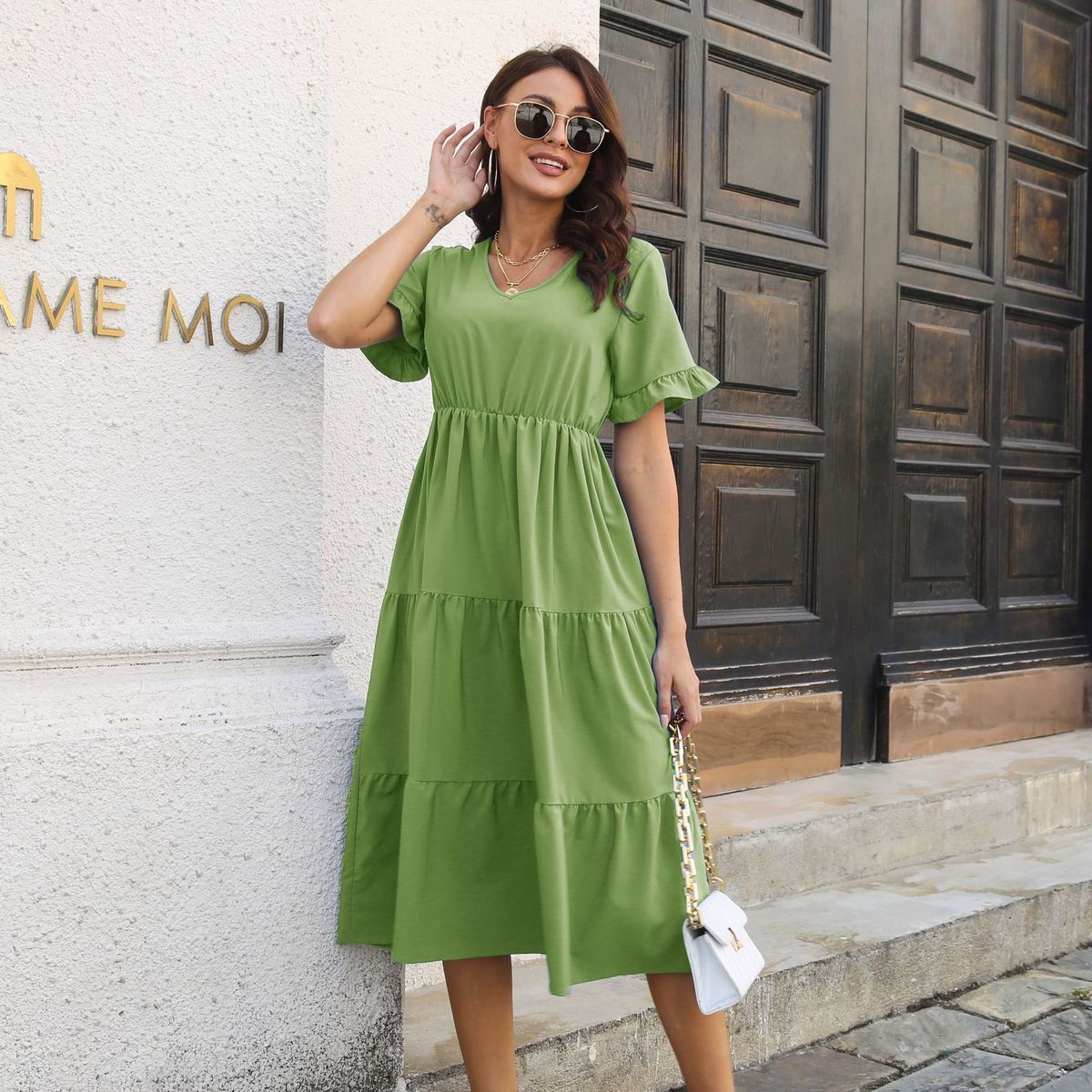Women's Casual Summer Solid Color V-Neck Short Sleeve Ruffled Layered Dress