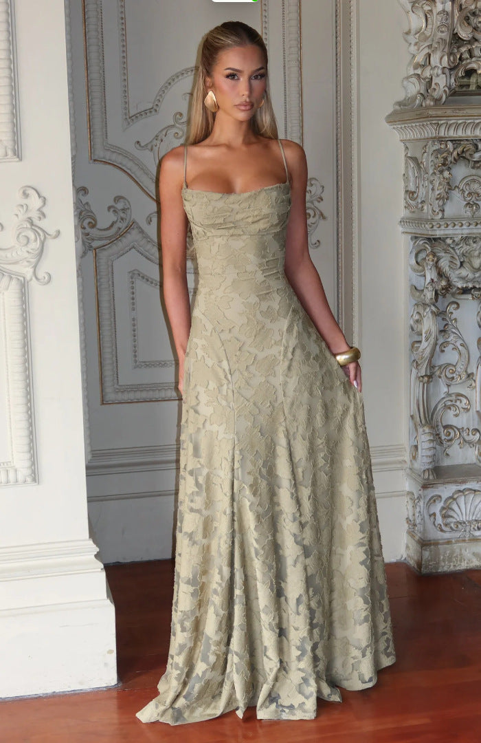 Women's Elegant Solid Color Lace Spaghetti Strap Backless Dress