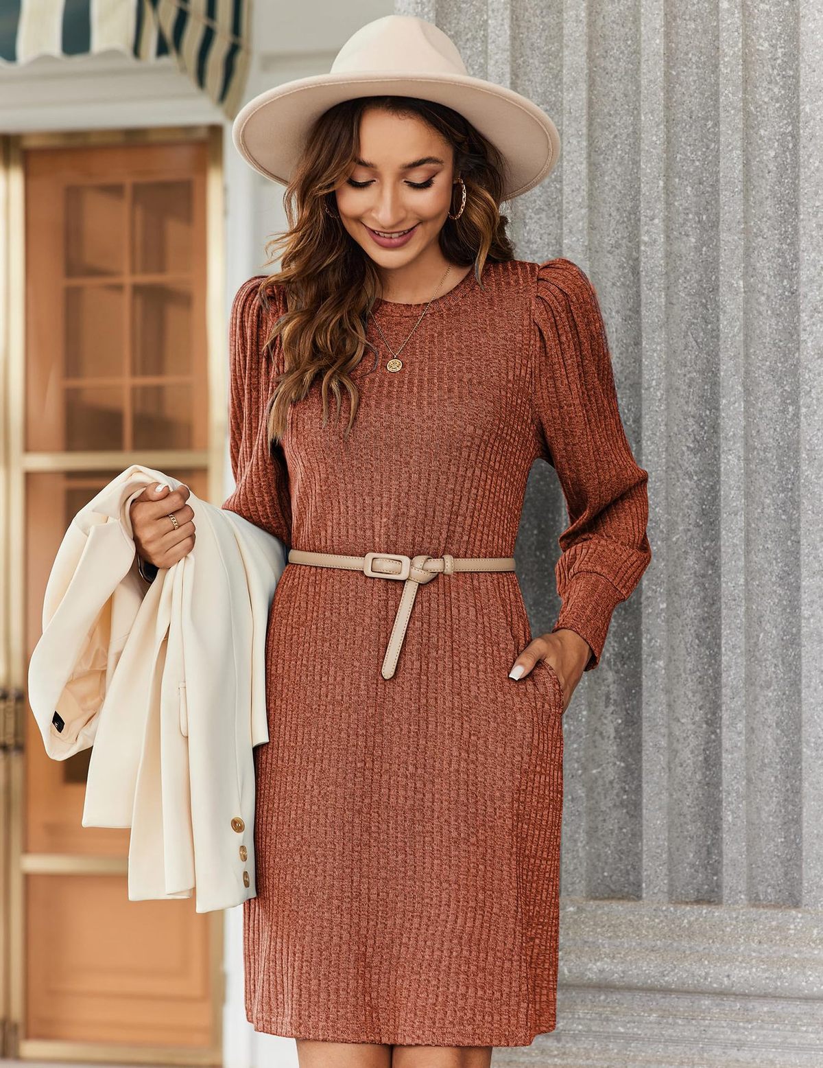 Women's Casual Autumn and Winter Sanding Pit Solid Color Puff Sleeve Loose Dress