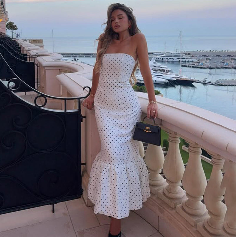 Women's Elegant Polka Dot Print Tube Top Pleated Dress