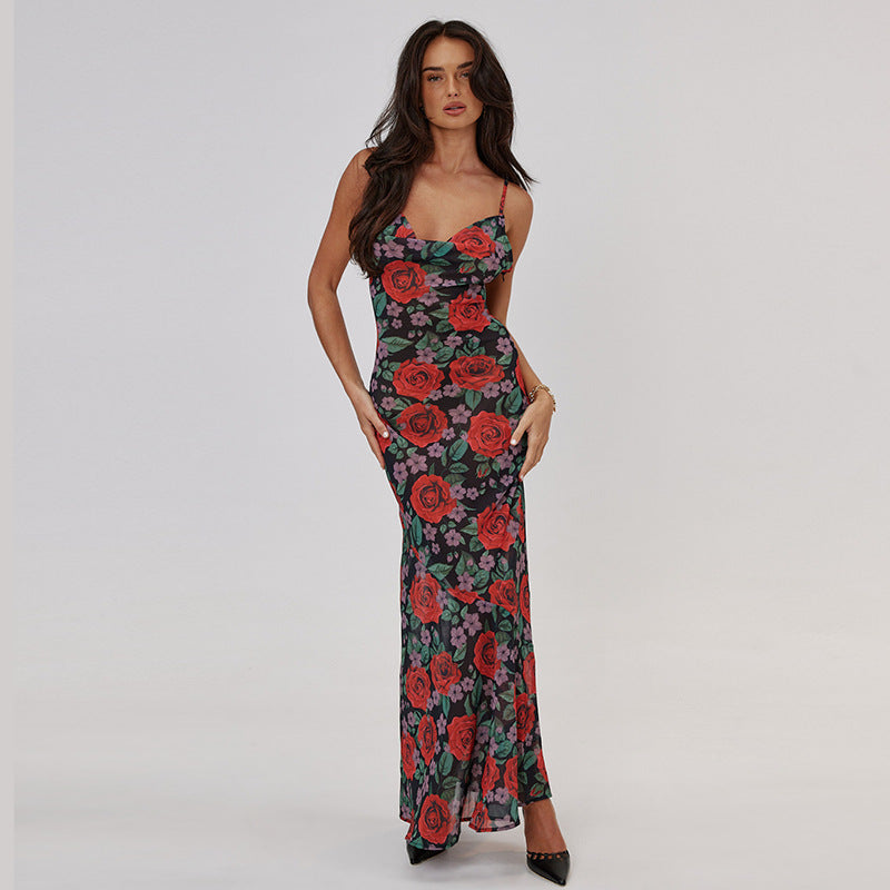 Women's Sexy Summer Flower Printed Spaghetti Strap Slim-Fit Dress