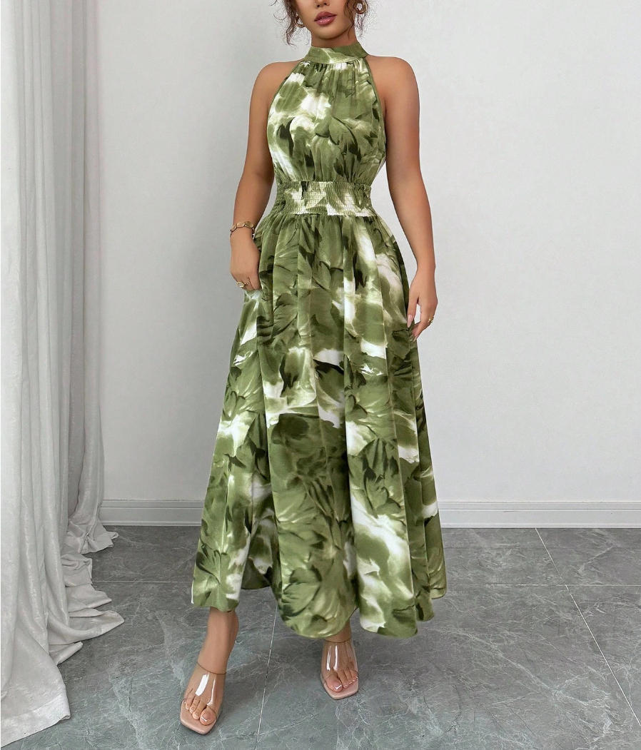 Women's Elegant Summer Dyeing Halter-Neck Sleeveless Tight Waist A-Line Dress