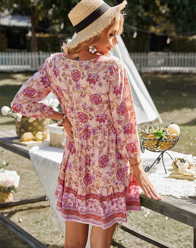 Women's Casual Boho Vacation Printed V-Neck Long Sleeve Loose Dress