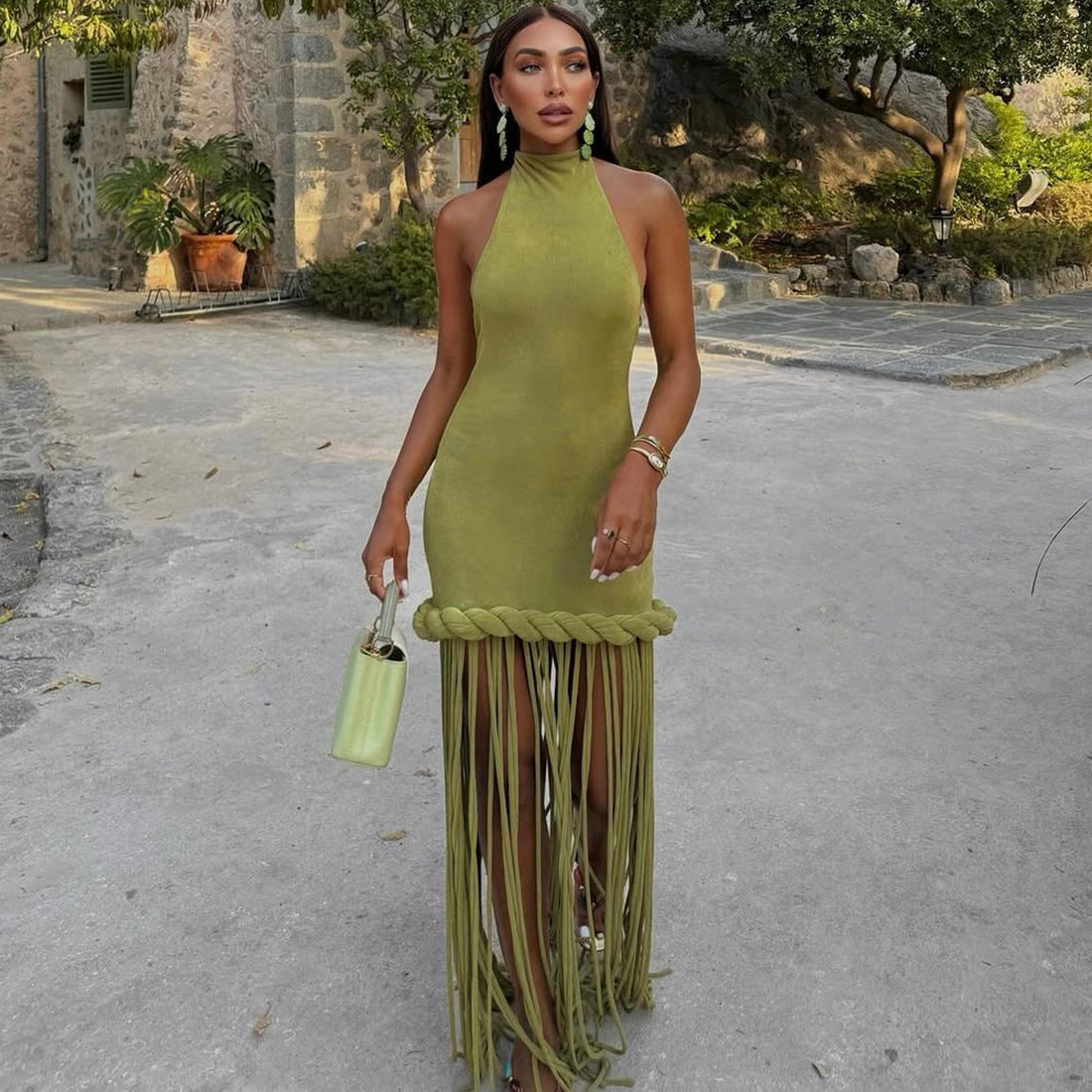Women's Sexy Solid Color Halter-Neck Backless Tassel Dress
