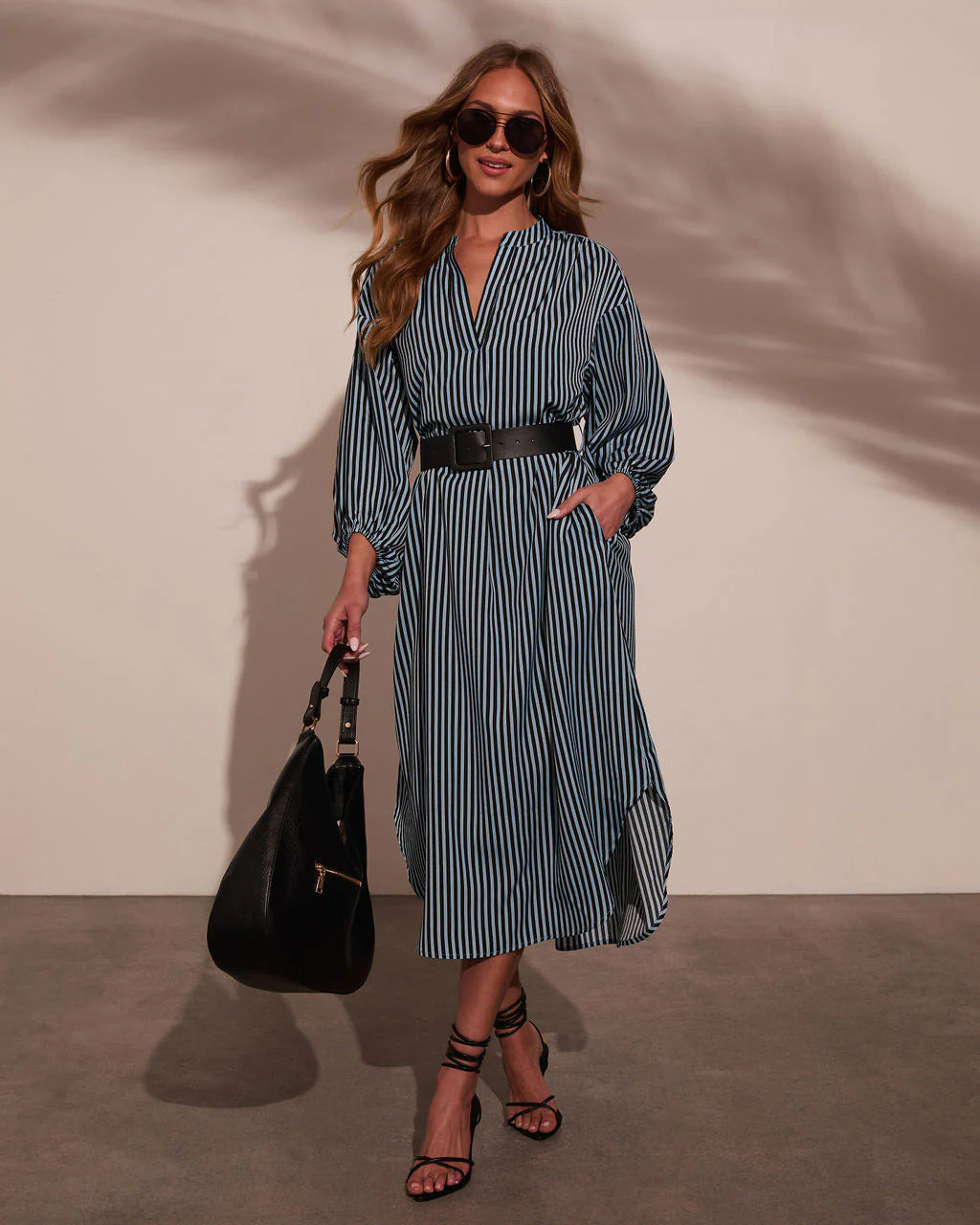 Women's Casual Summer Vacation Stripe V-Neck Long Sleeve Loose Dress