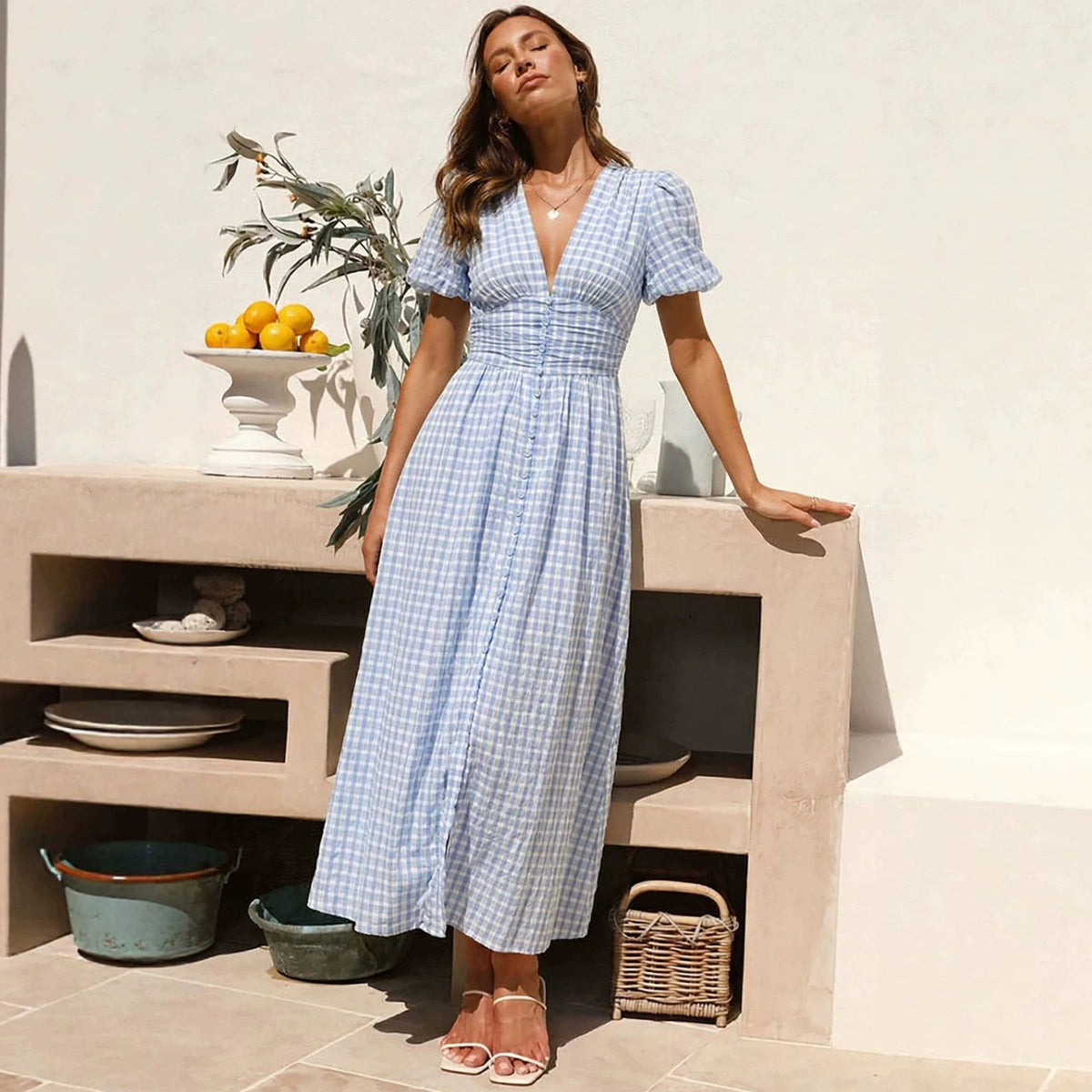 Women's Casual Plaid Print Single-Breasted Short Sleeve V-Neck A-Line Dress