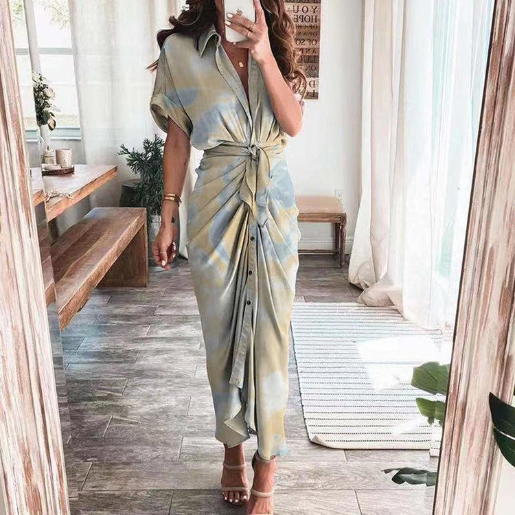 Women's Casual Elegant Spring Printed V-Neck Long Sleeve High Waist Dress