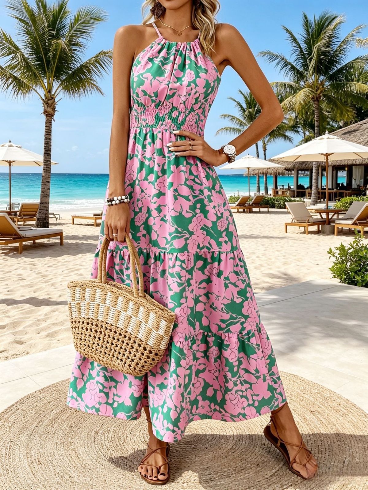 Women's Vacation Printed Halter-Neck Strap Tight Waist Dress