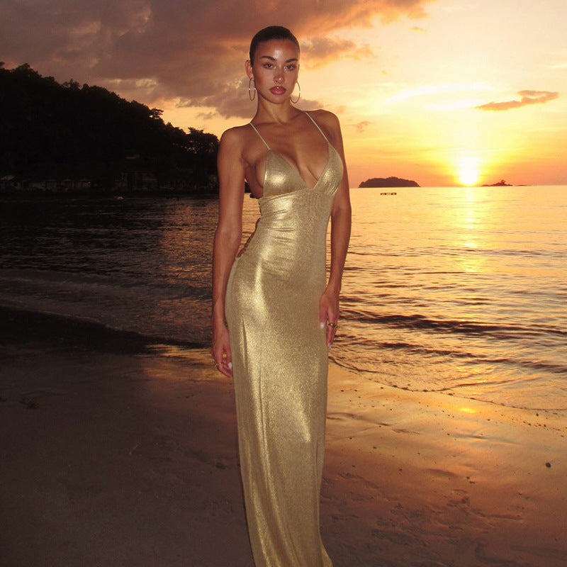 Women's Sexy Summer Solid Color Ice Silk Spaghetti Strap Backless Slim-Fit Dress