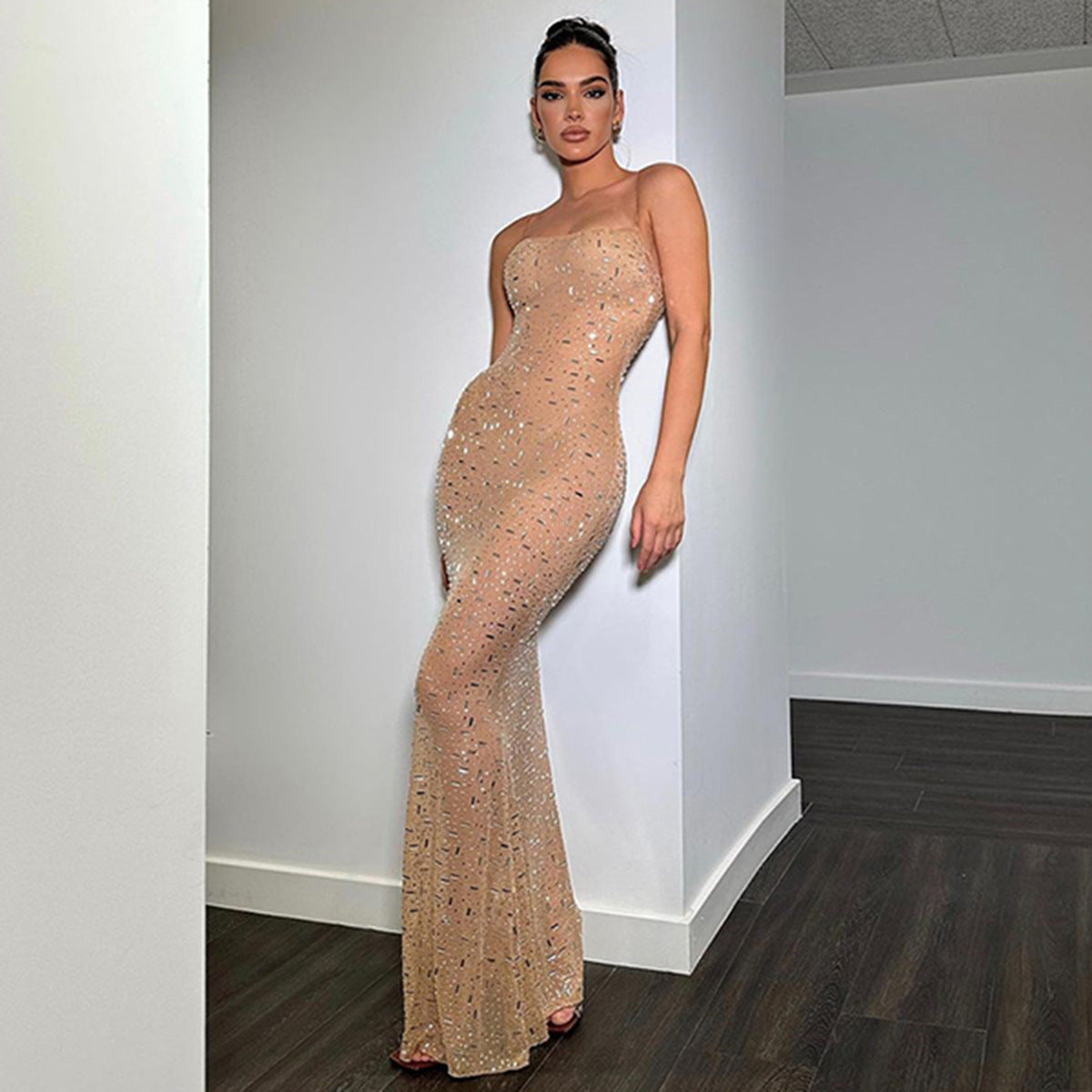 Women's Sexy Summer Mesh Perspective Rhinestone Spaghetti Strap Dress