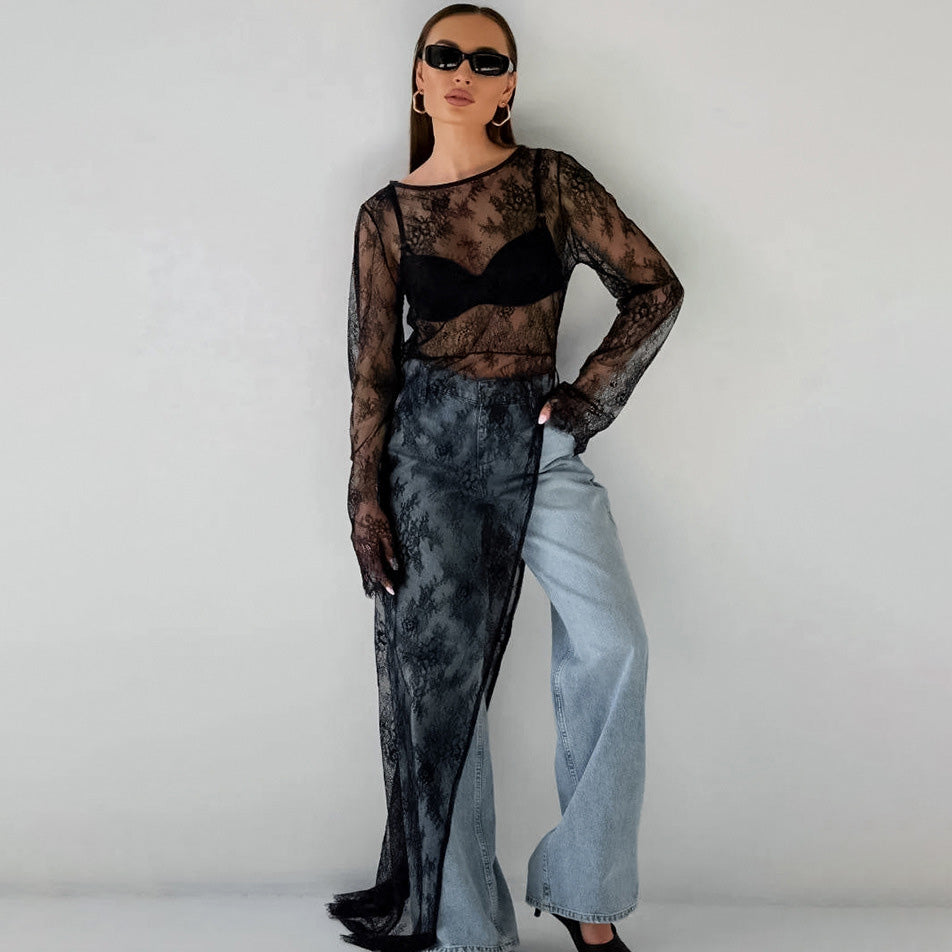Women's Sexy Perspective Lace Round Neck Long Sleeve Asymmetry Split Maxi Dress