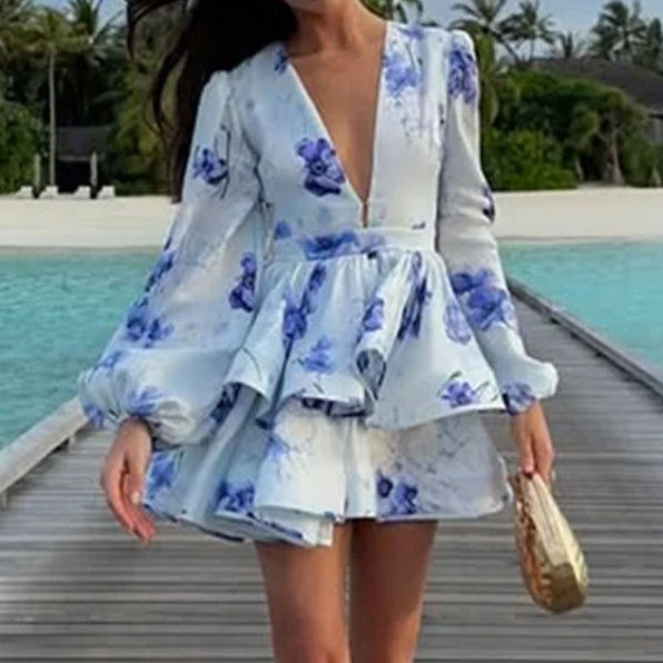 Women's Summer Flower Printed V-Neck Long Lantern Sleeve Ruffled A-Line Dress