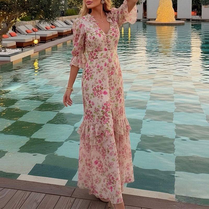 Women's Casual Summer Flower Printed Puff Sleeve Split Loose Dress