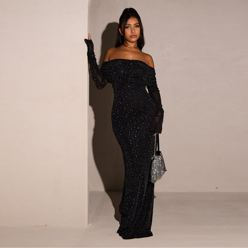 Women's Sexy Elegant Solid Color Off-Shoulder Long Sleeve Mesh Waist Hip Dress