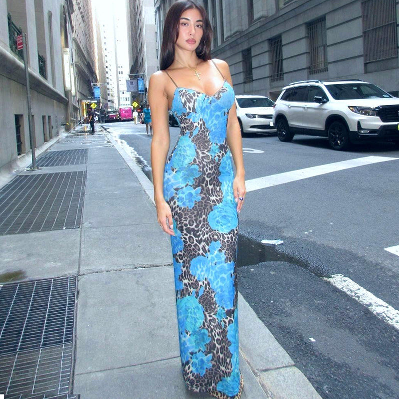 Women's Sexy Summer Leopard Flower Printed Spaghetti Strap Slim-Fit Dress