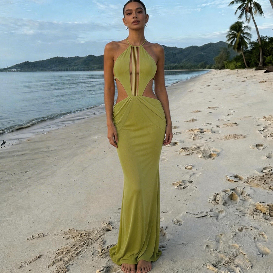 Women's Sexy Solid Color Halter-Neck Backless Dress