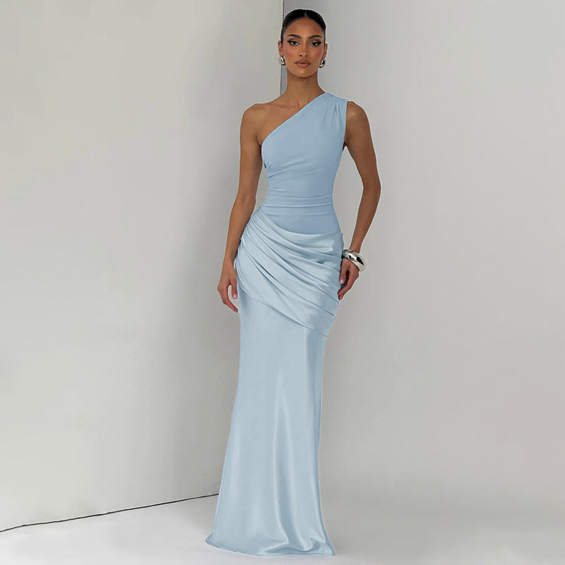 Women's Fashon Solid Color Slanted Shoulder Sleeveless Pleated Stitching Dress