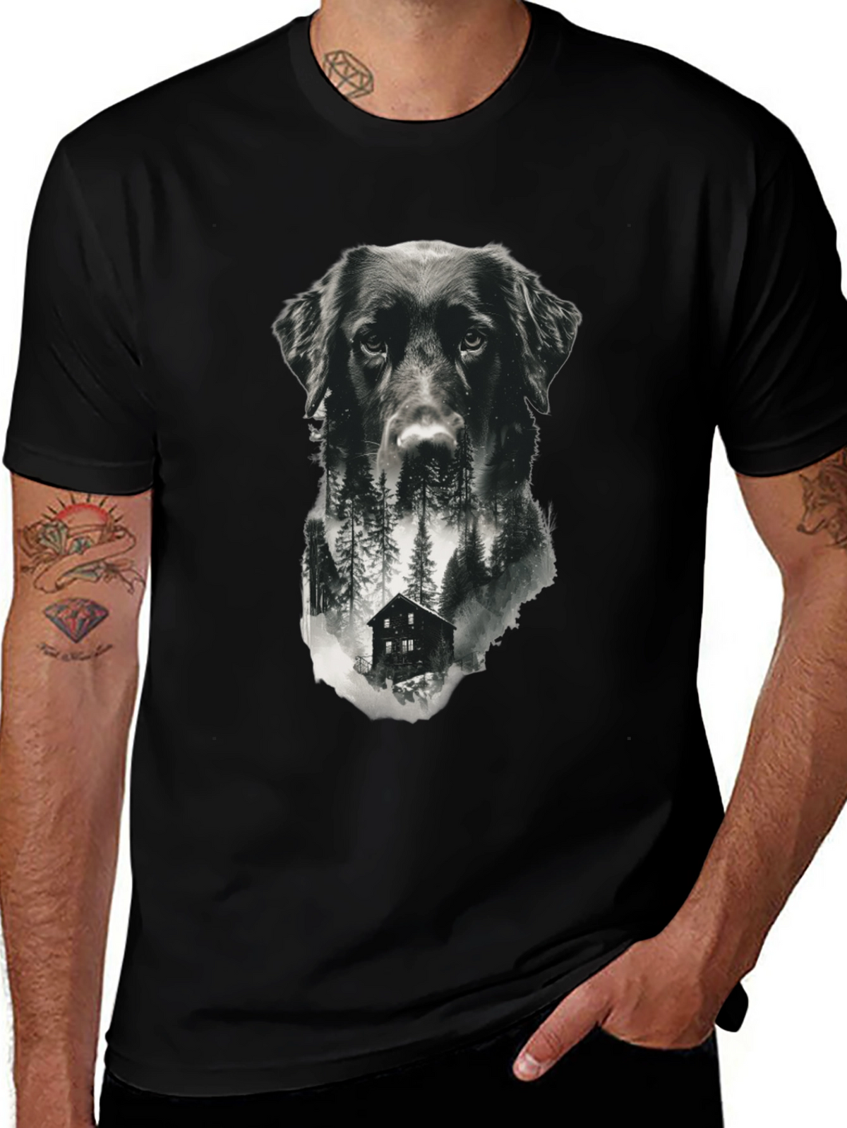 Dog & Cabin Graphic Tee - Nature Lovers Shirt