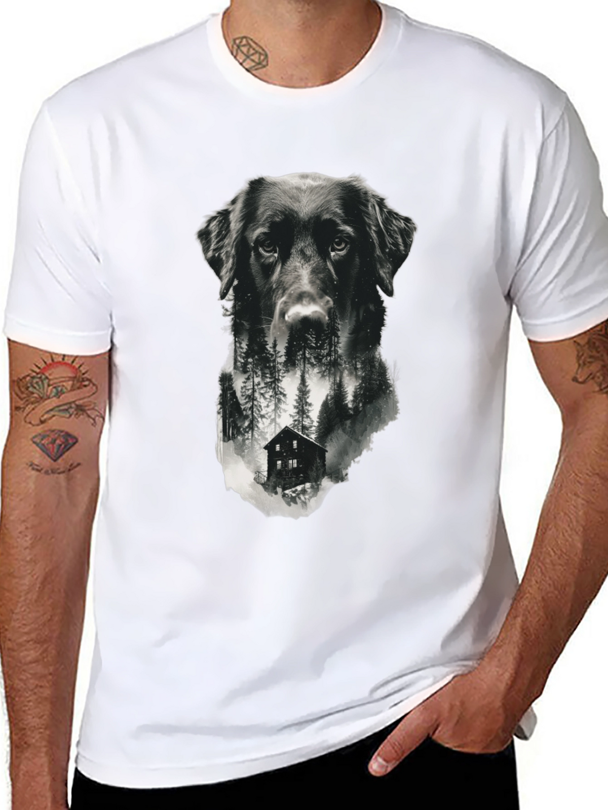 Dog & Cabin Graphic Tee - Nature Lovers Shirt