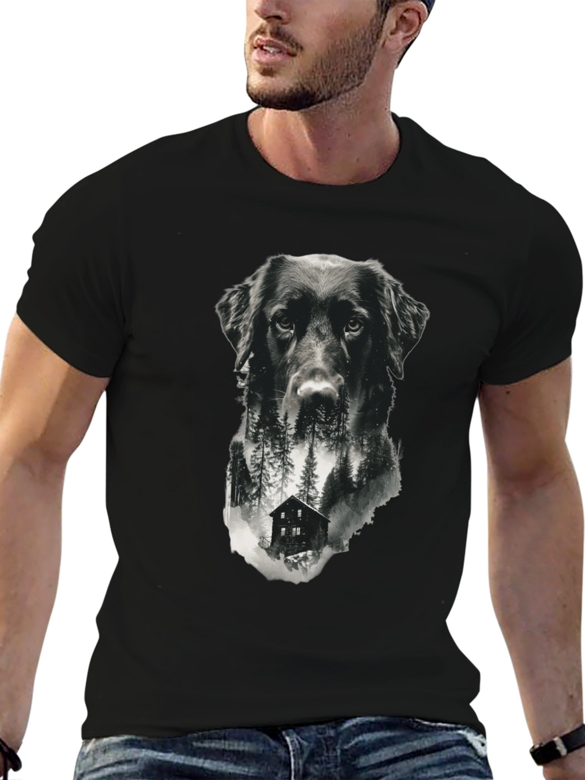 Dog & Cabin Graphic Tee - Nature Lovers Shirt