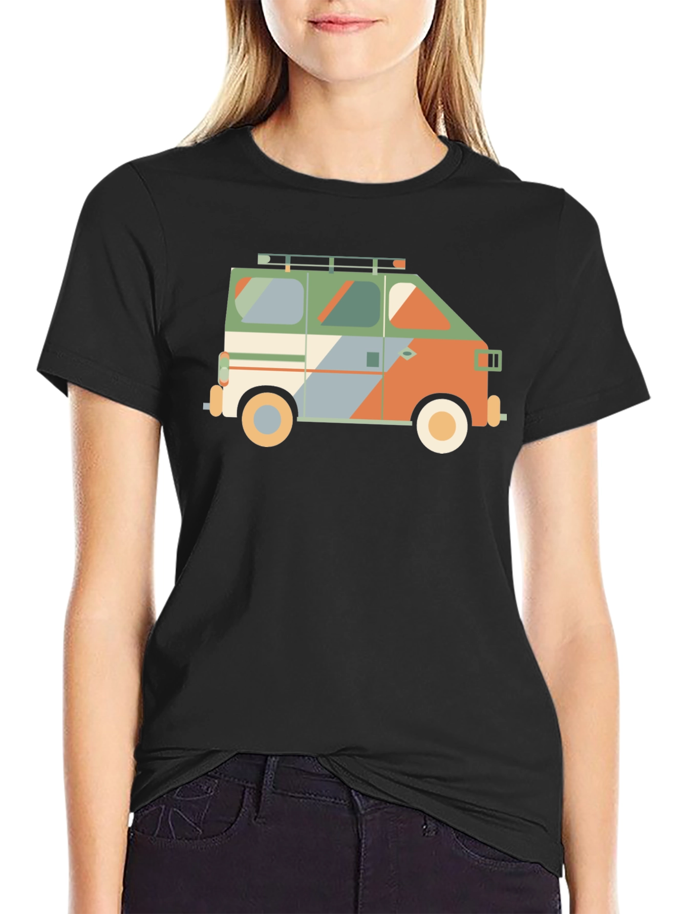 Retro Camper Van Graphic Tee - Black Cotton T-Shirt