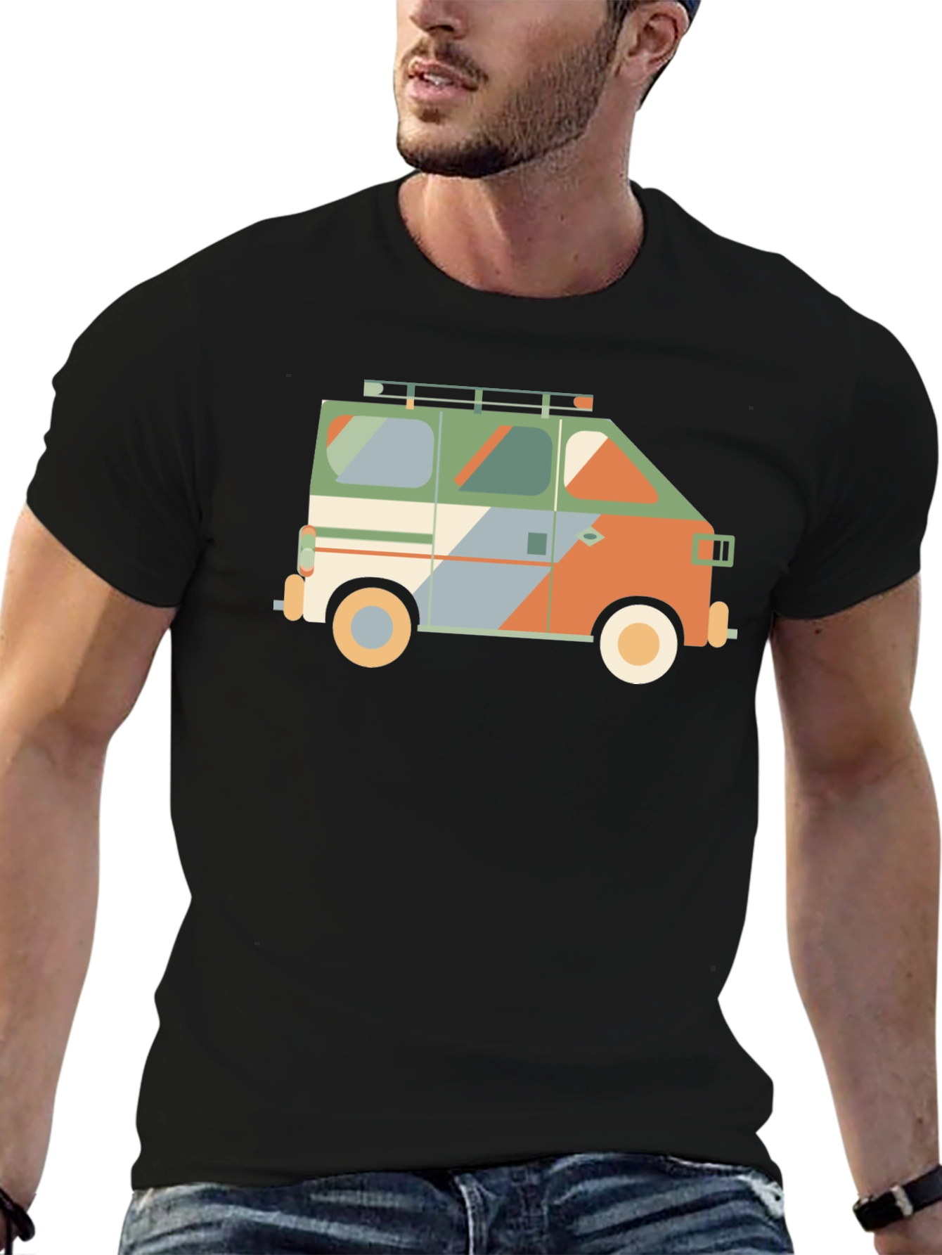 Retro Camper Van Graphic Tee - Black Cotton T-Shirt