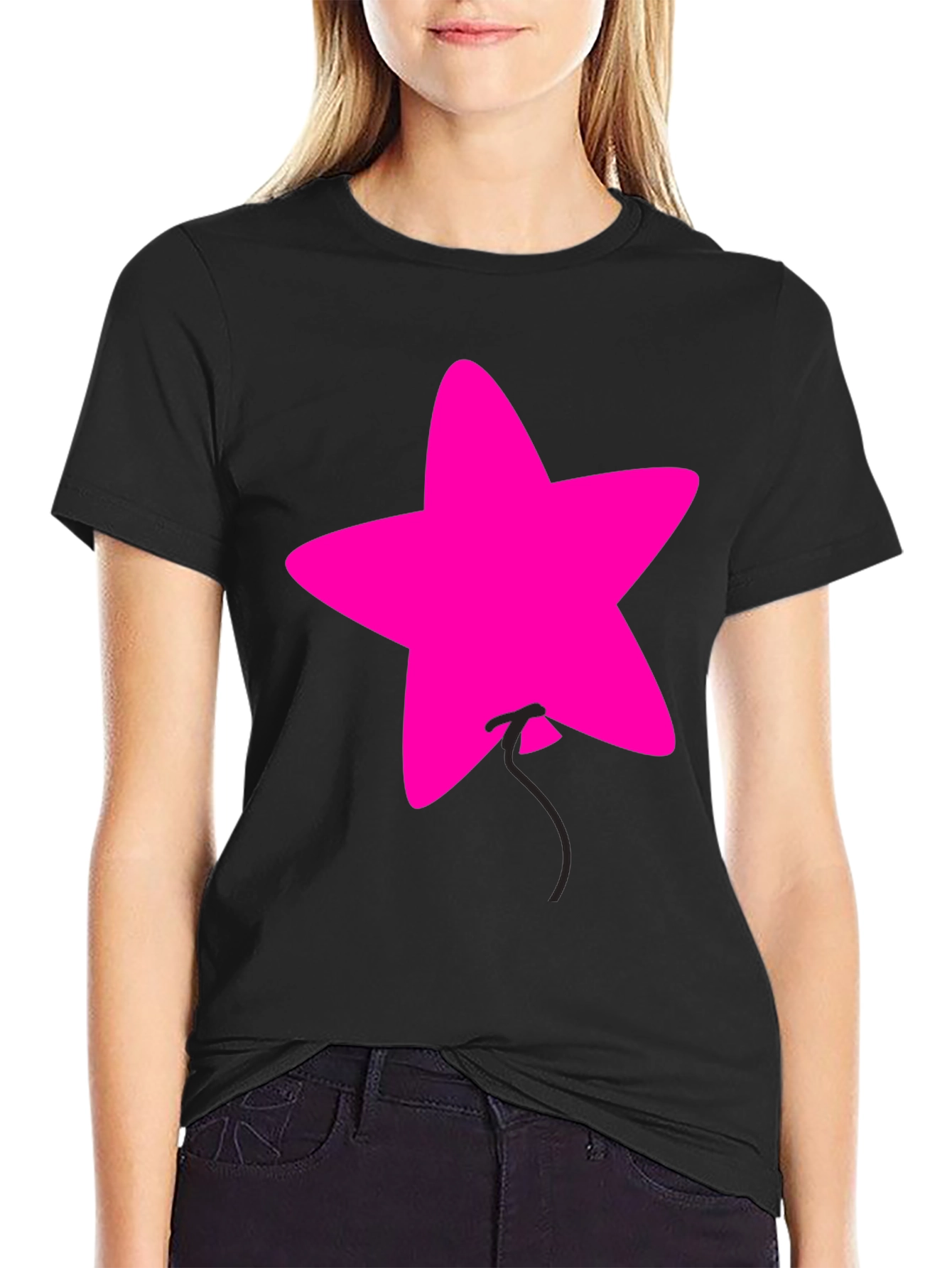 Pink Star Balloon Graphic Black Tee