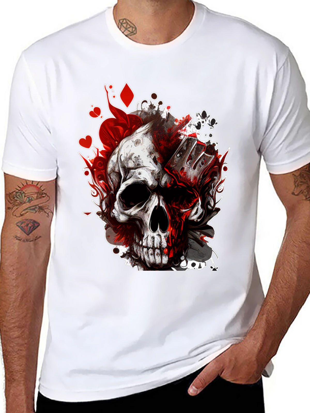 Skull & Cards Graphic Tee - Gothic Poker Style
