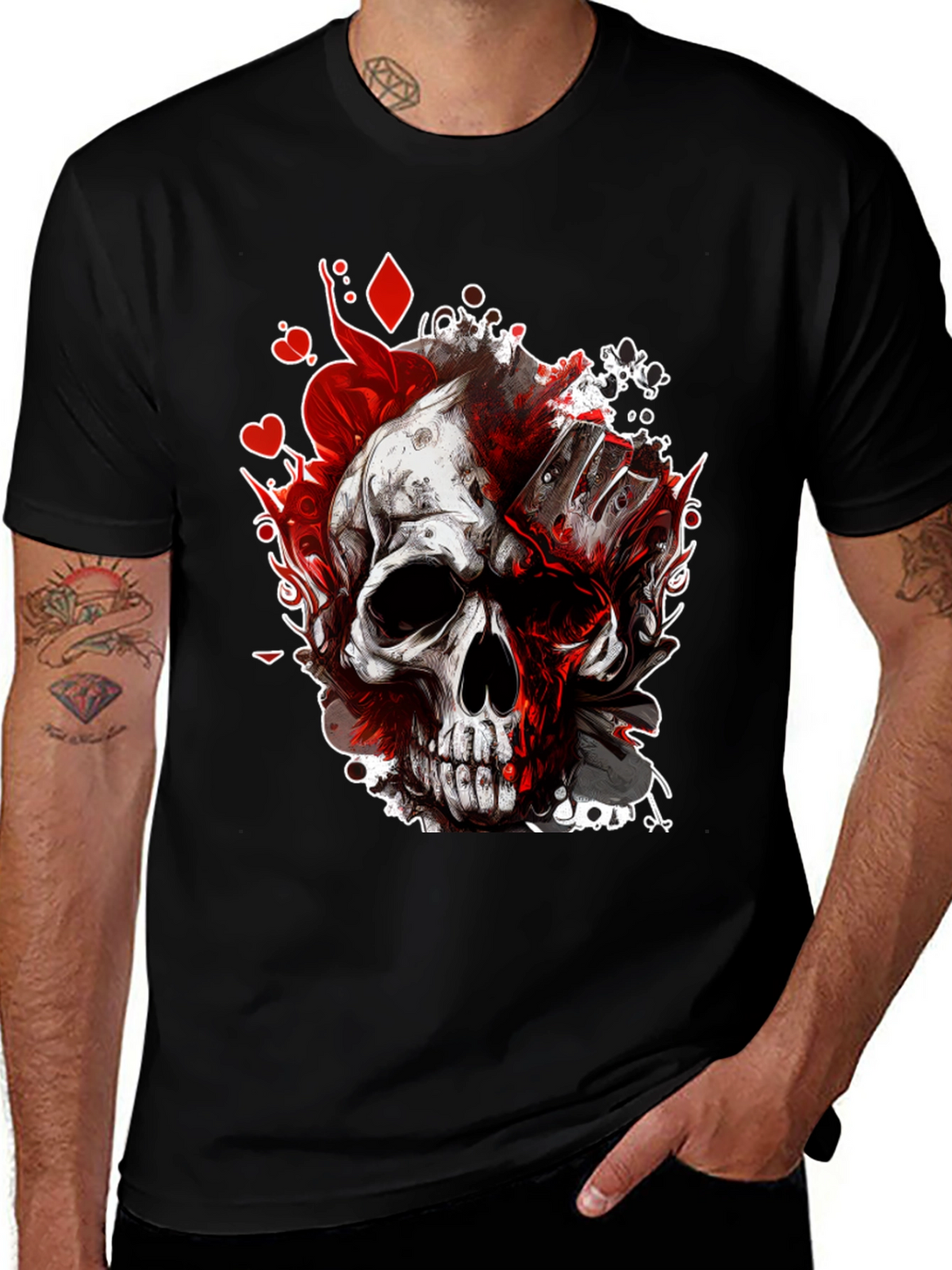 Skull & Cards Graphic Tee - Gothic Poker Style