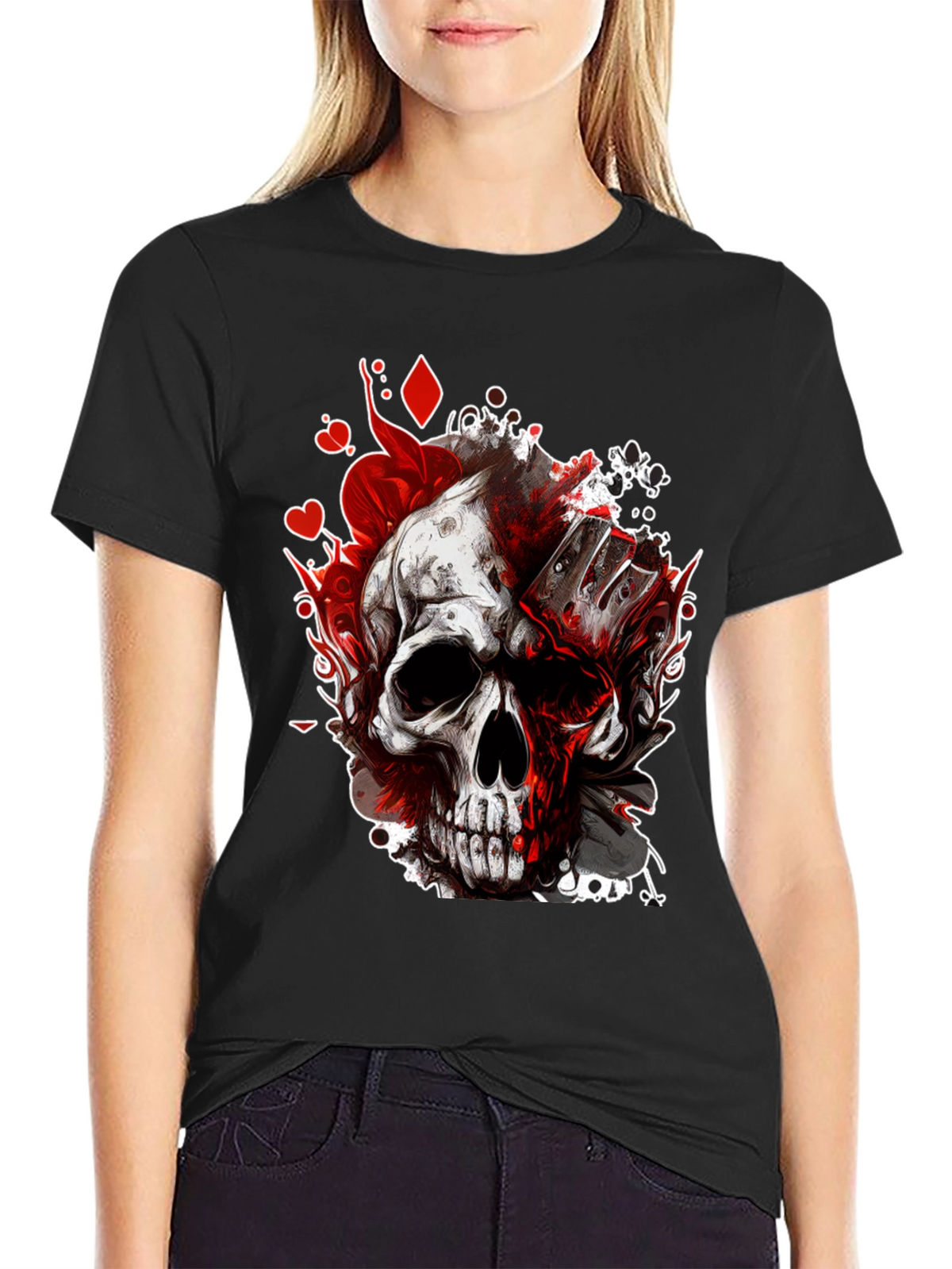 Skull & Cards Graphic Tee - Gothic Poker Style