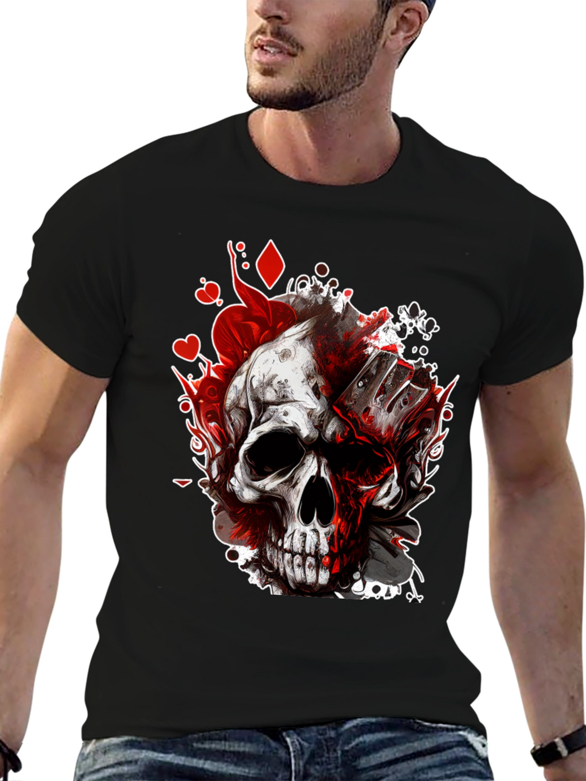 Skull & Cards Graphic Tee - Gothic Poker Style