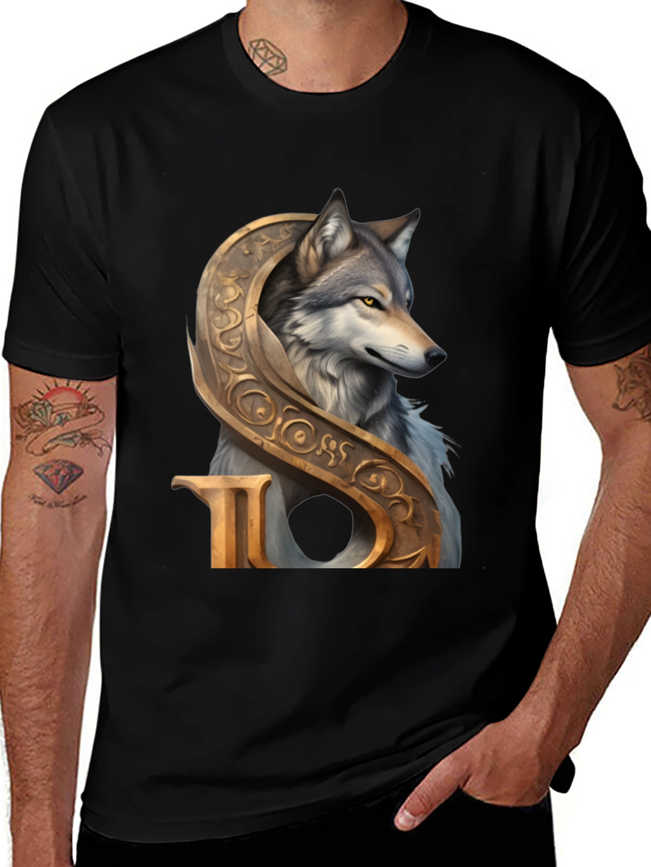 Wolf and Ornamental Letter T-Shirt