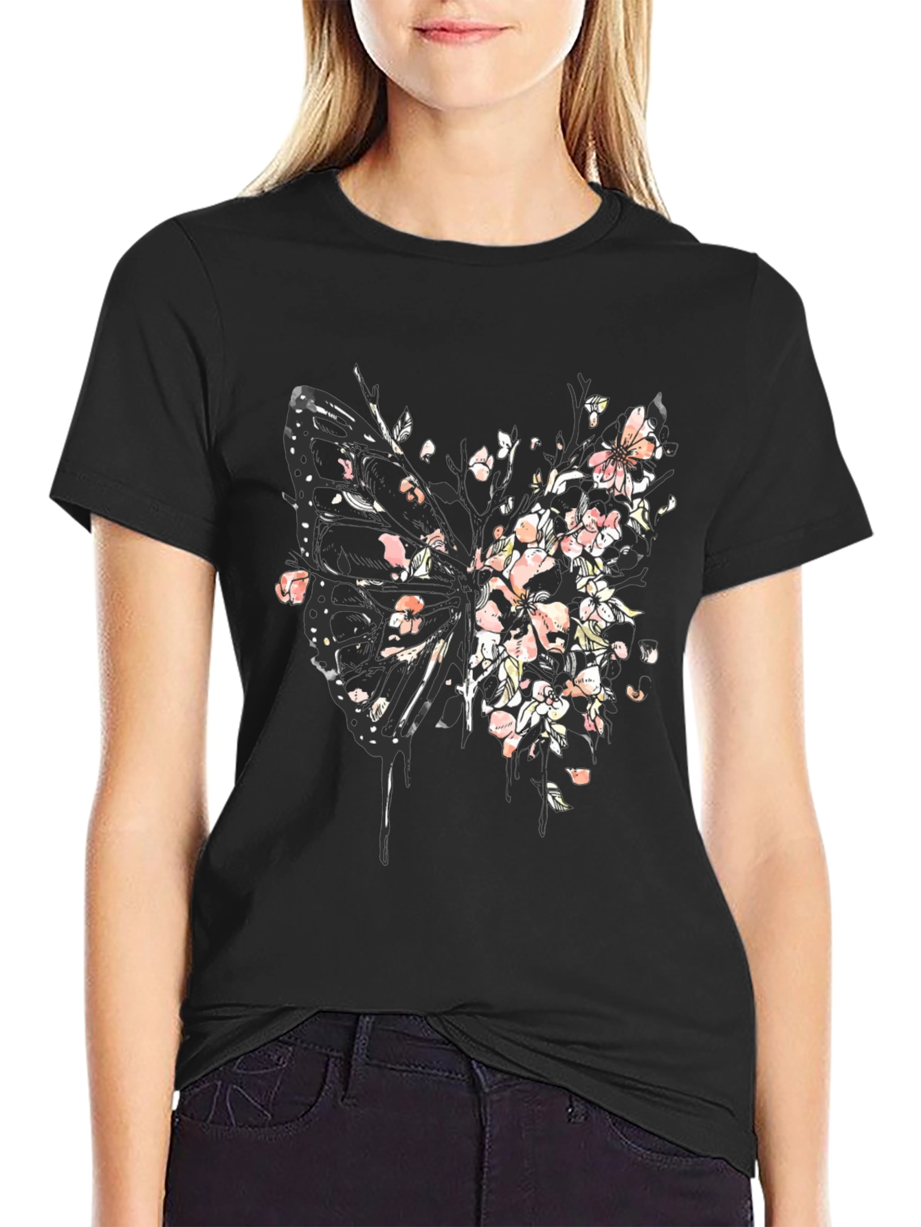 Butterfly Floral Graphic Tee - Black Cotton Blend