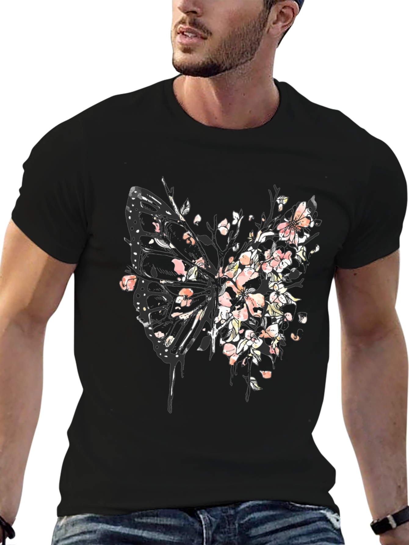 Butterfly Floral Graphic Tee - Black Cotton Blend